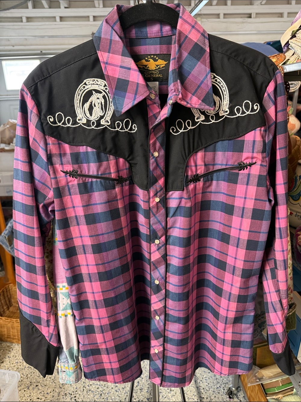 El General Pink and Black Plaid Western-Style Button-Down Shirt